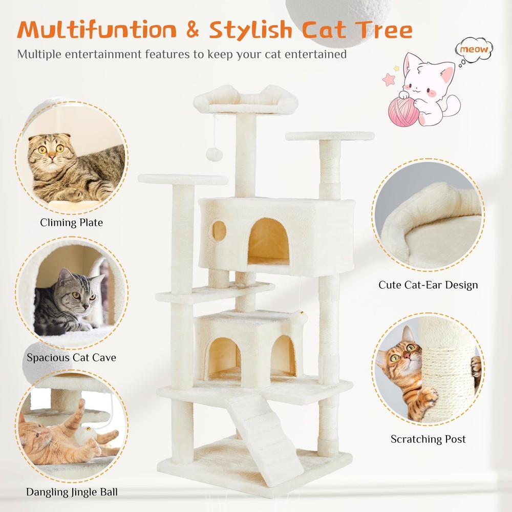 Cat Tree Tower for Indoor Cats 54 Inches Multi-Level Activity Cat Tree Beige