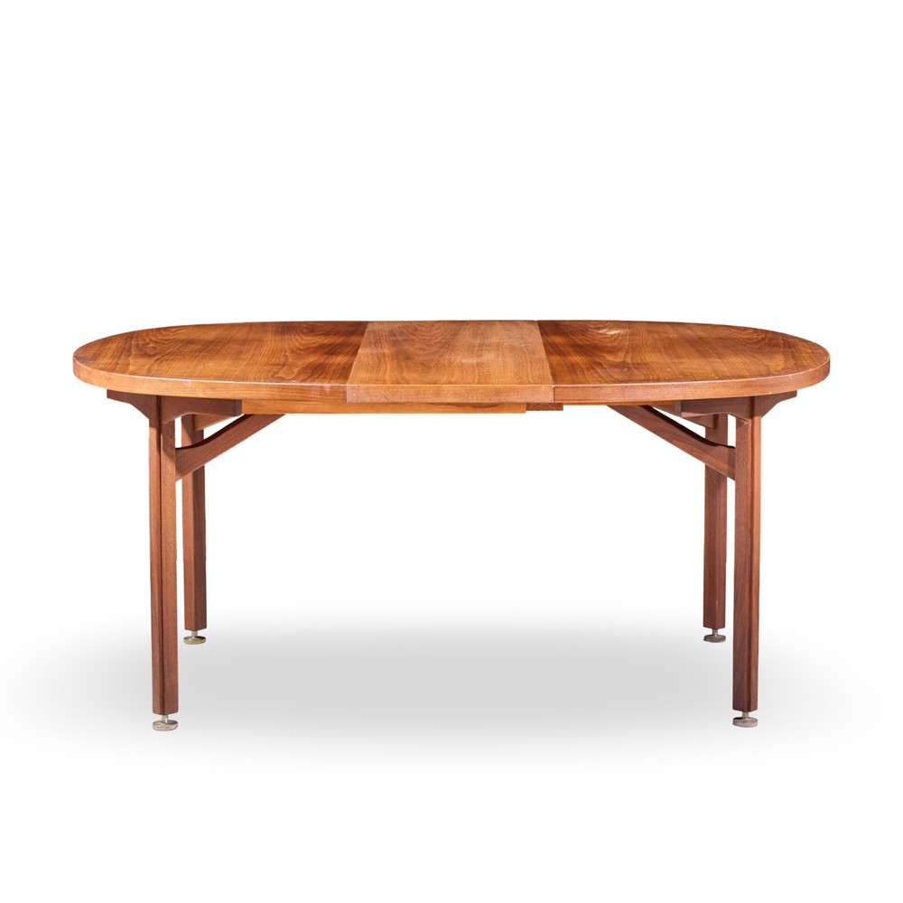 Jens Risom Mid Century Walnut Round Expanding Dining Table with 3 Leaves
