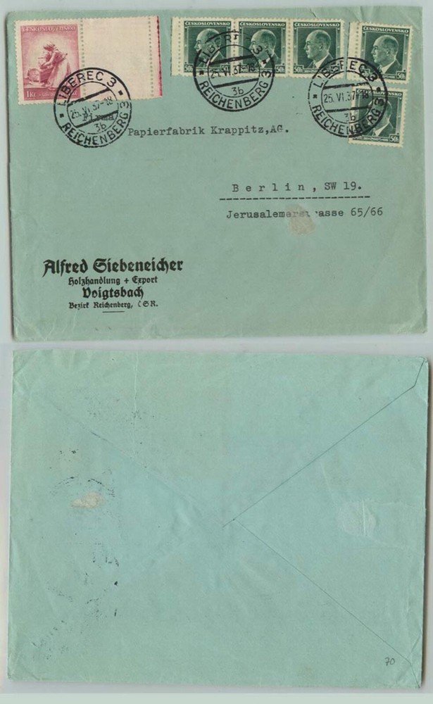 Czechoslovakia 🇨🇿 1937 cover Liberec used . g4663