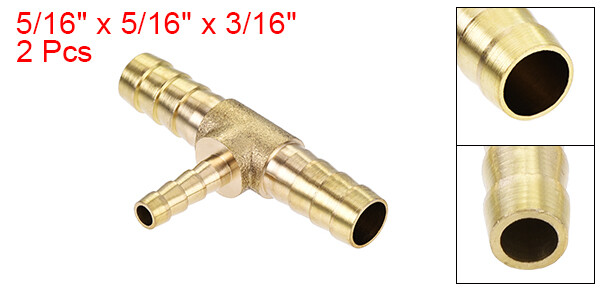 2Pack 5/16" x 5/16" x 3/16" Reducing Barb Hose Fitting Tee Pipe Connector Brass