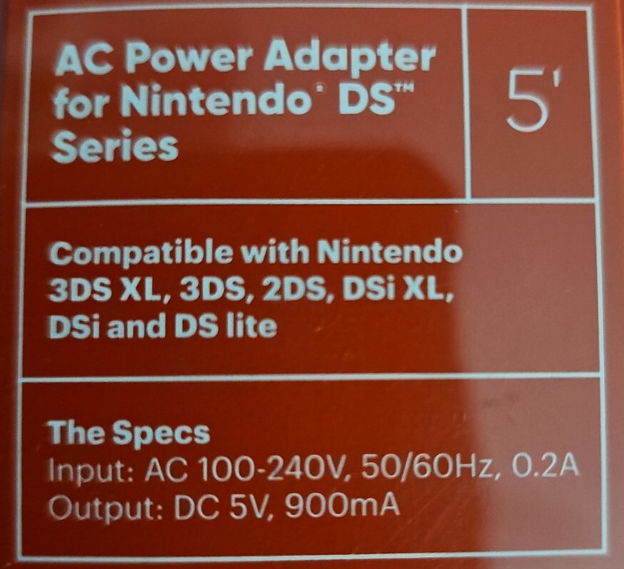 Nintendo 3DS 2DS DSi 5ft (1.5m) AC Power Adapter