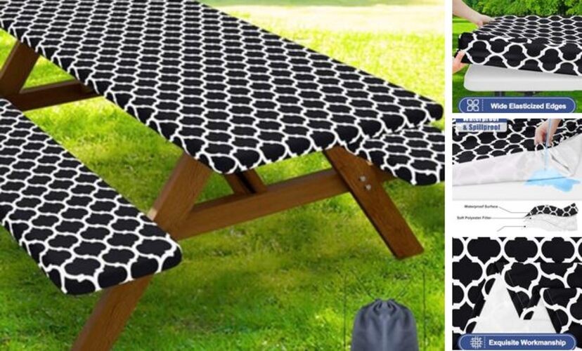 Picnic Table Cover with Bench Covers, Waterproof Elastic 30" x 60" Black