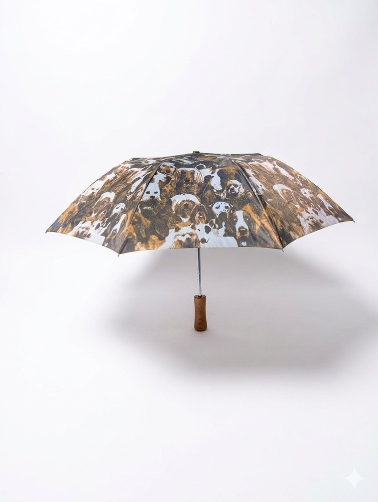 Vintage Dog Print Compact Folding Umbrella Brown White Black
