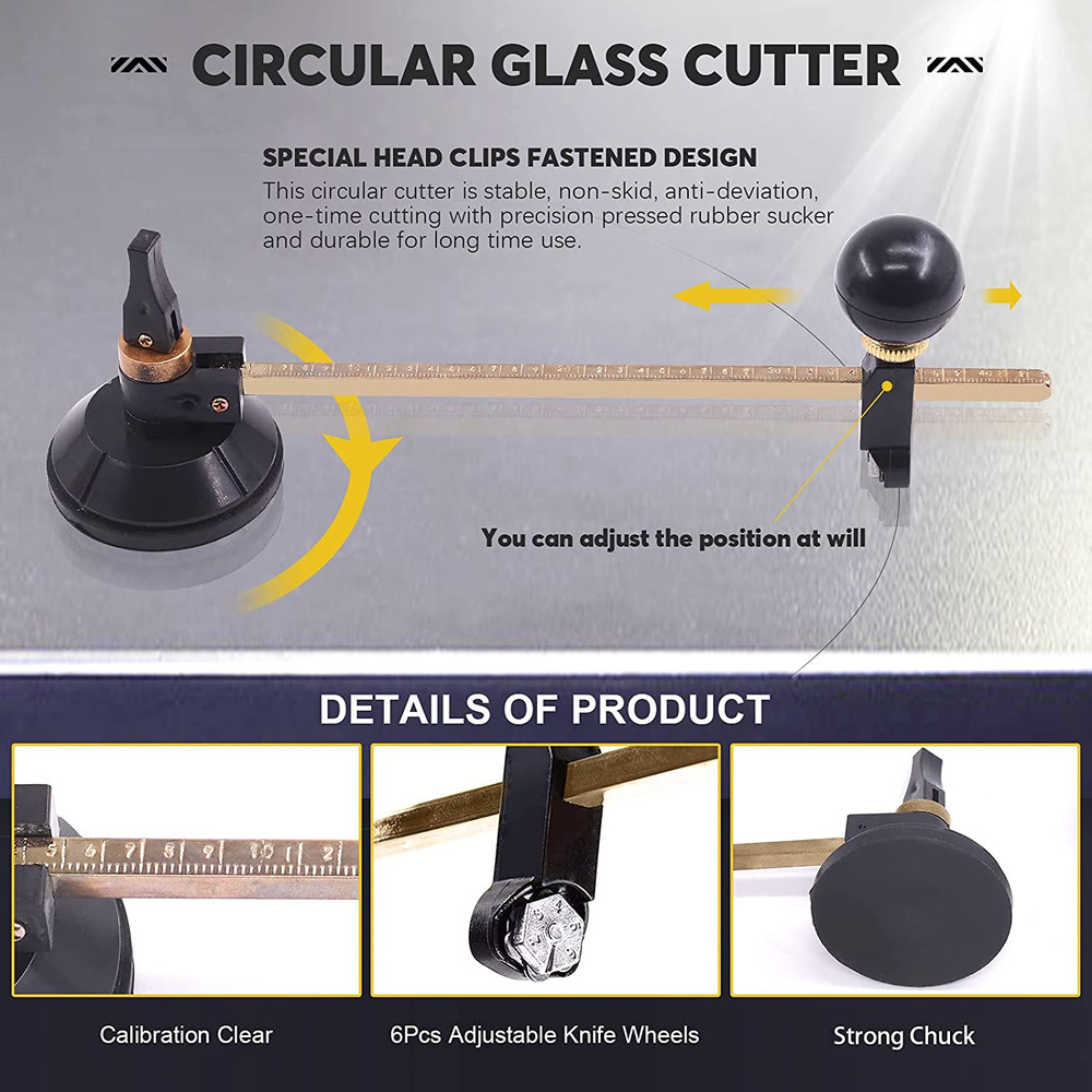 9 Pcs Glass Cutting Tool Set Kit Includes Adjustable Circular Glass Cutter, Glas
