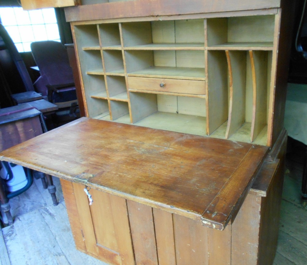 ANTIQUE PAINTED COUNTRY PINE STEPBACK DROP FRONT DESK AND BOOKCASE