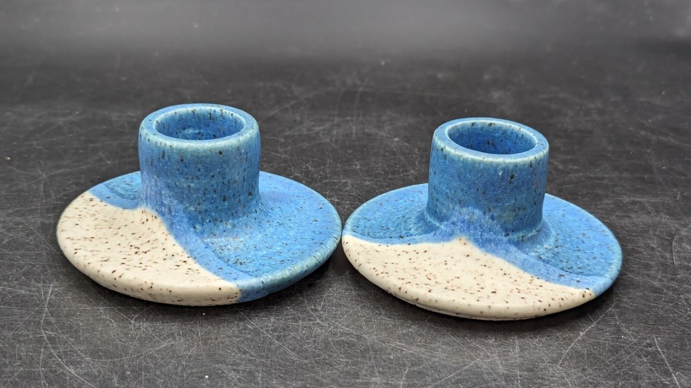 Handmade Pottery Signed Blue & White Candlesticks Excellent Condition Pair