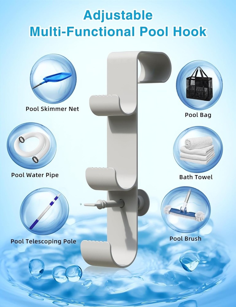 Adjustable Pool Hook for Poles - 3-Hook Pool Accessories Organizer