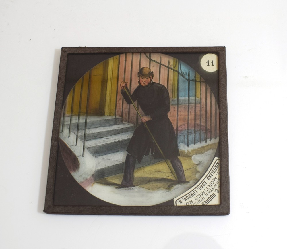 MAN SWEEPING SNOW FROM STEPS C1880 VICTORIAN HAND COLOURED Magic Lantern Slide