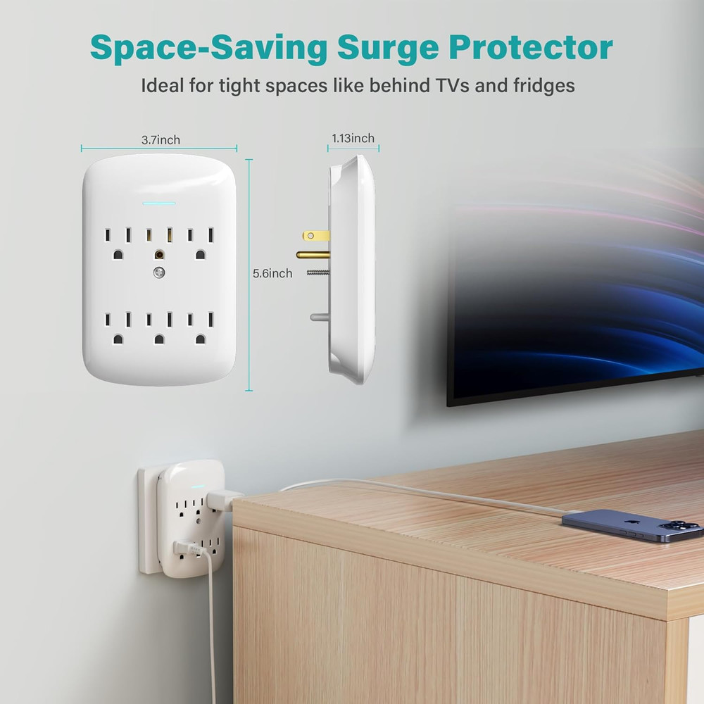 Surge Protector Wall Mount 6-Outlet Extender 2 Pack, 3 Prong Grounded Multi Plug