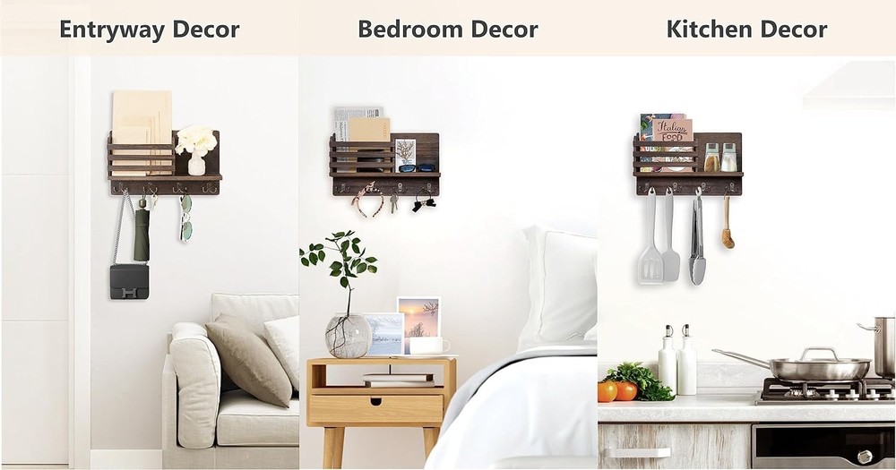 Rustic Farmhouse Wall Mounted Mail Holder with Key Hooks