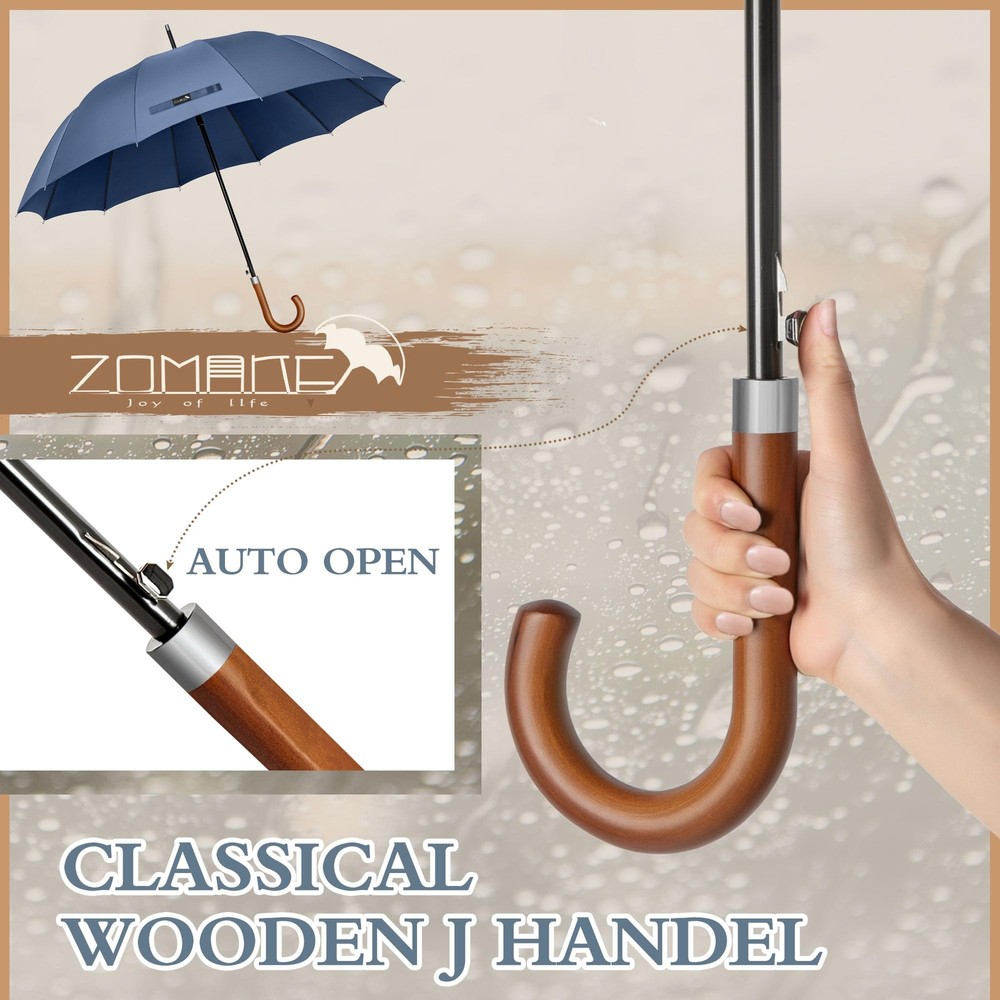 Large Stick Umbrella With Wood Hook Handle 55 Inch - Automatic Open Golf Umbr...