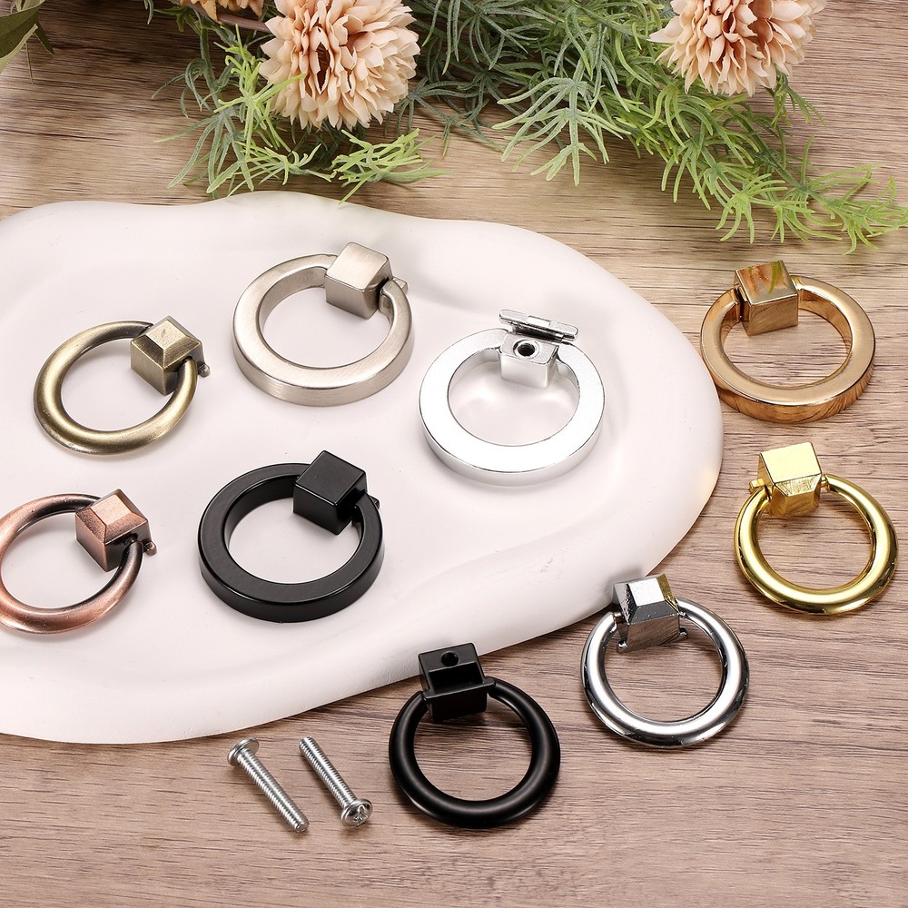 8Pcs Drawer Pulls Rings, 1.6" Zinc Alloy Solid Furniture Ring Pull, Black