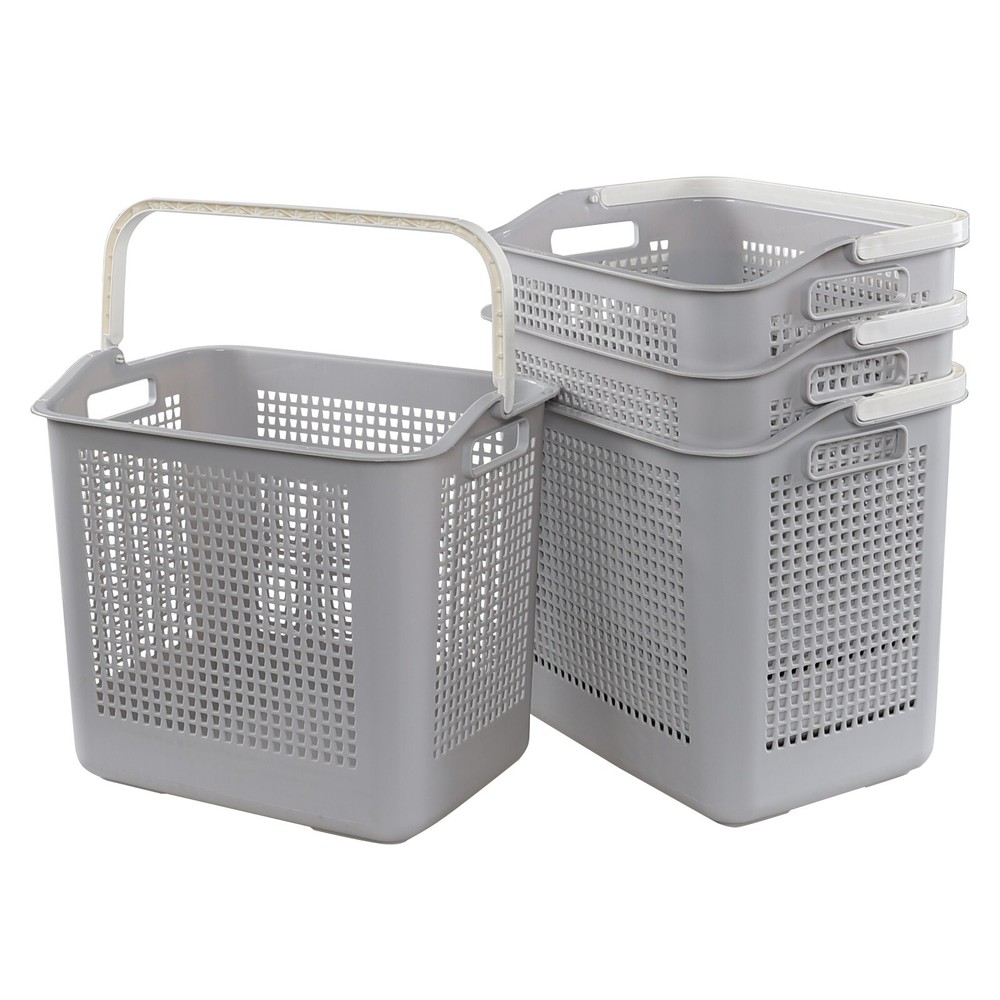 4-Packs 35 L Plastic Clothes Baskets with Handle, Flexible Laundry Hamper, Grey