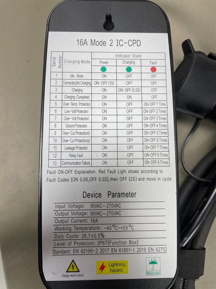 EV charger 16A Mode 2 IC-CPD