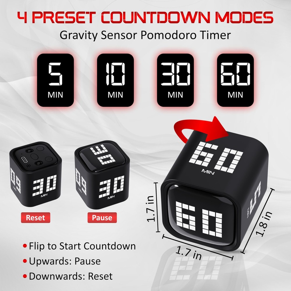Digital Pomodoro Timer Cube, Rechargeable TypeC Productivity Countdown Clock ...
