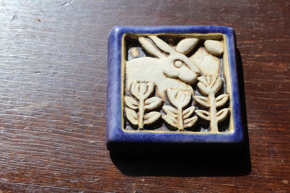 Carruth Studio Art Pottery Ceramic Mini Tile 1996 Rabbit Flowers Spring