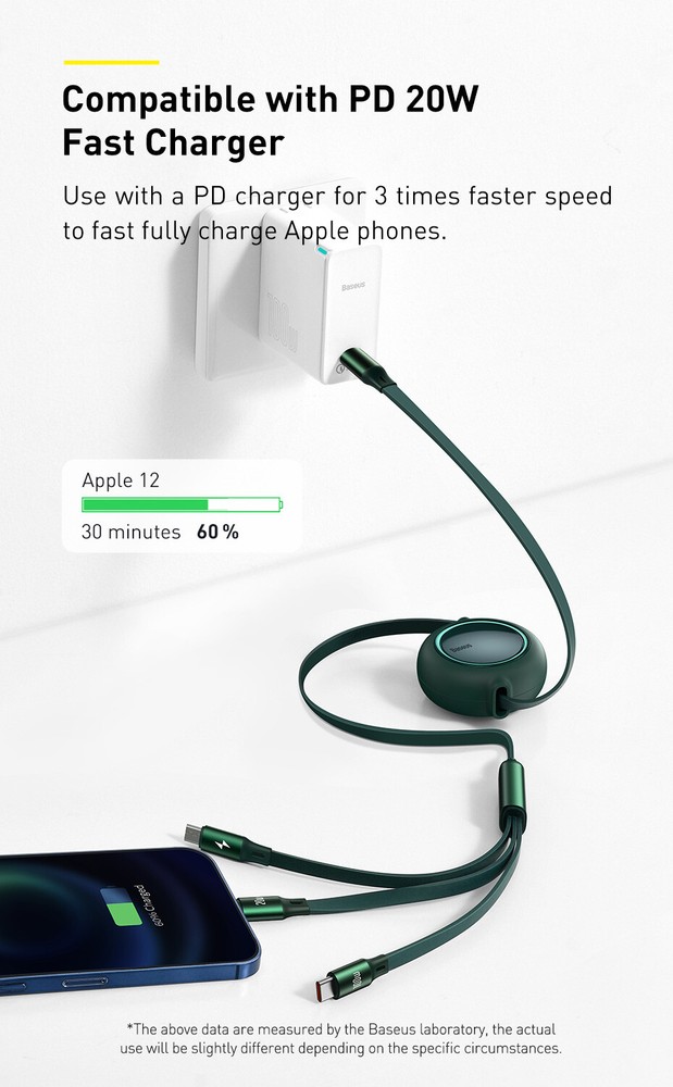 Baseus 100W 3 in 1 USB C Fast Cable Retractable Cord For iPhone Micro USB Type C