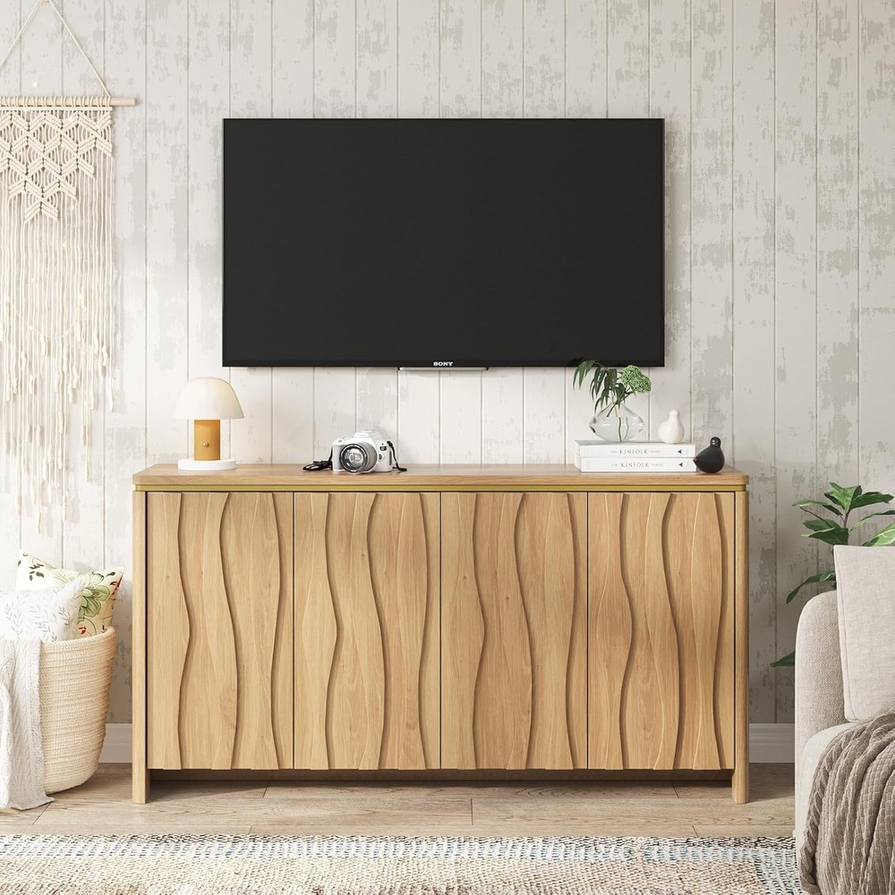 Fluted Buffet Cabinet with Storage, 3D Ripple Pattern Doors and Curved