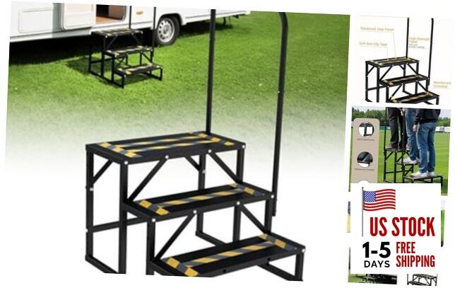 RV Steps with Handrail Heavy-Duty 3 Step Camper Entry Step Stairs for 3-Step
