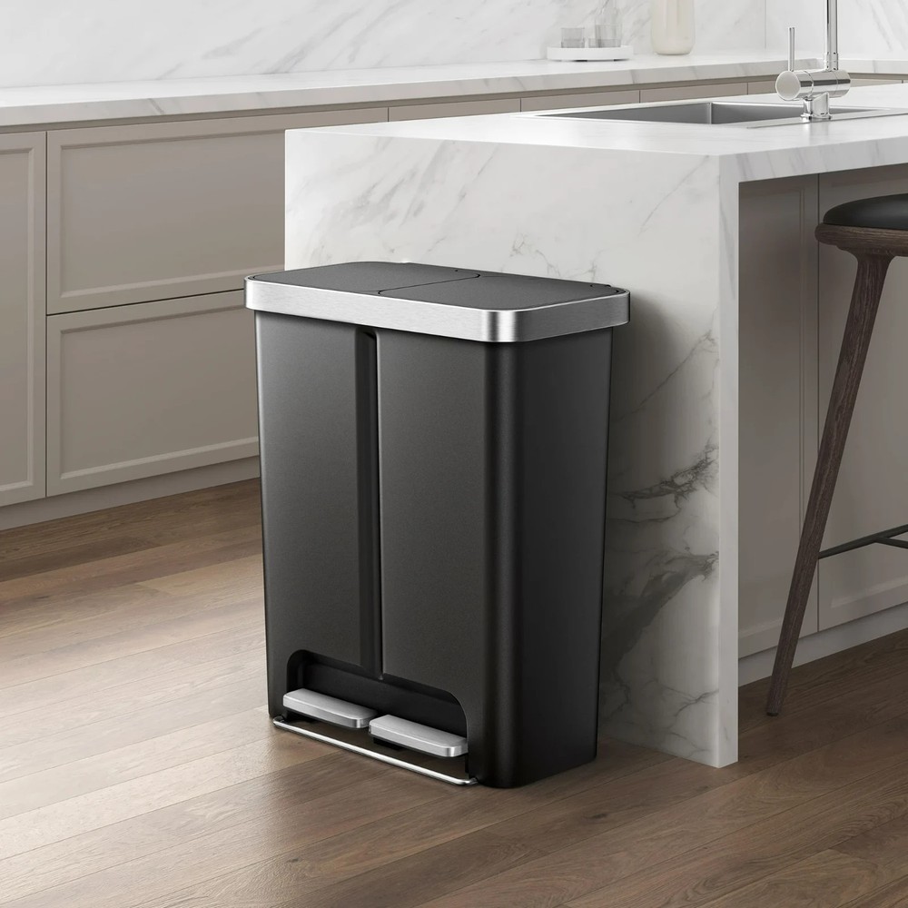 Kitchen Recycle Trash Can, 16 Gallon Plastic Dual Compartment Step Garbage Bin