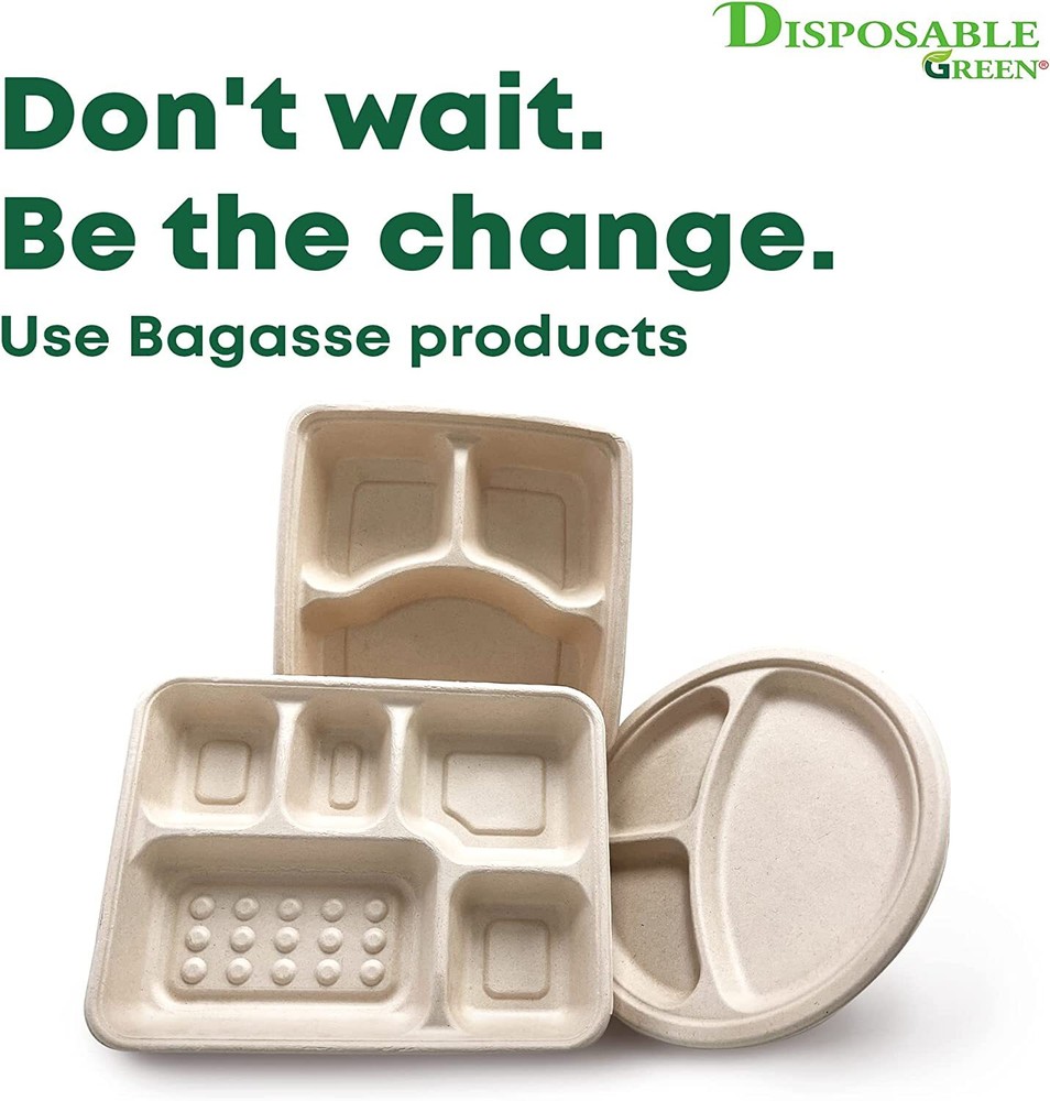 5 Compartments Bagasse Rectangular Tray Compostable Biodegradable With Lids
