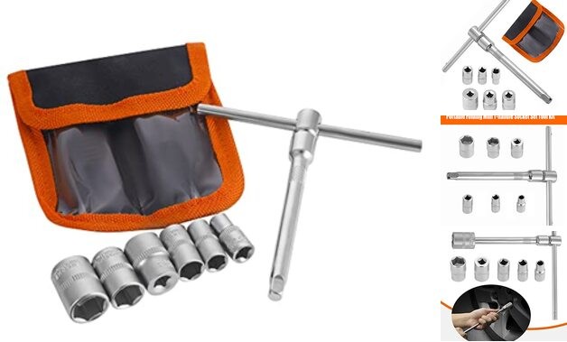 Folding Mini T-Handle Socket Set 1/4'' Drive Tool Kit for Motorcycle ATV UTV,