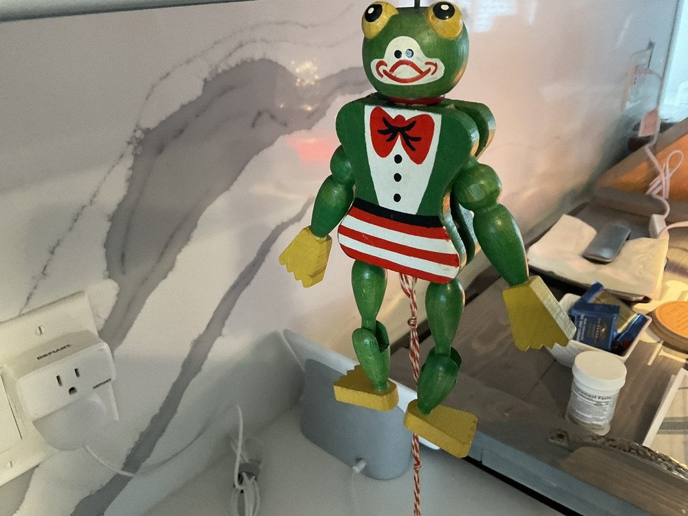 Vintage Austrian Wooden Frog Jumping Jack String Puppet