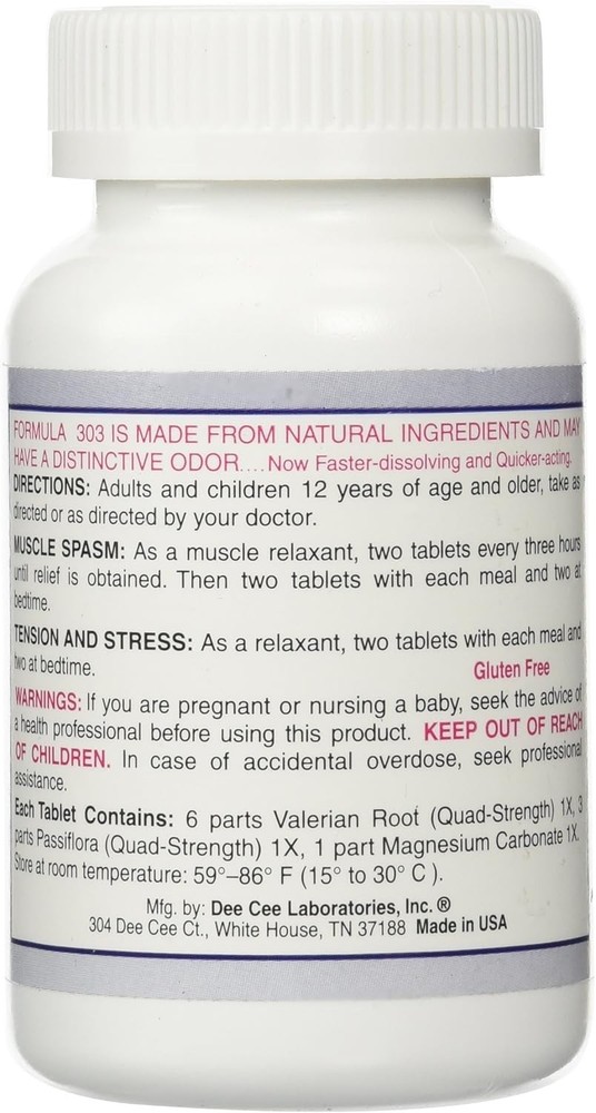 Dee Cee Labs Formula 303 Maximum Strength All-Natural Relaxant Tablet 250 Tablet