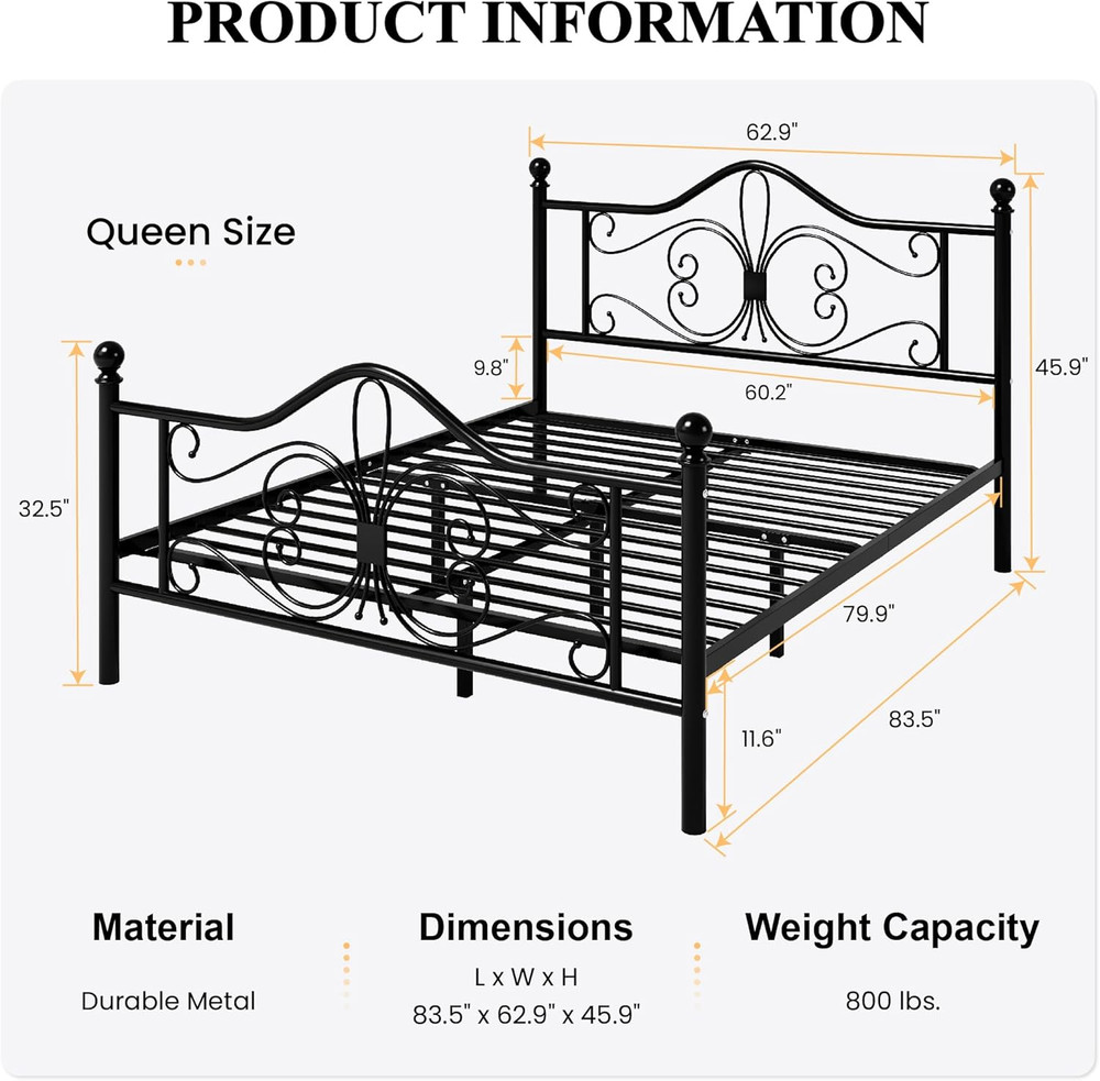 Stylish Queen Bed Frame with Butterfly Headboard, No Box Spring Needed, Black