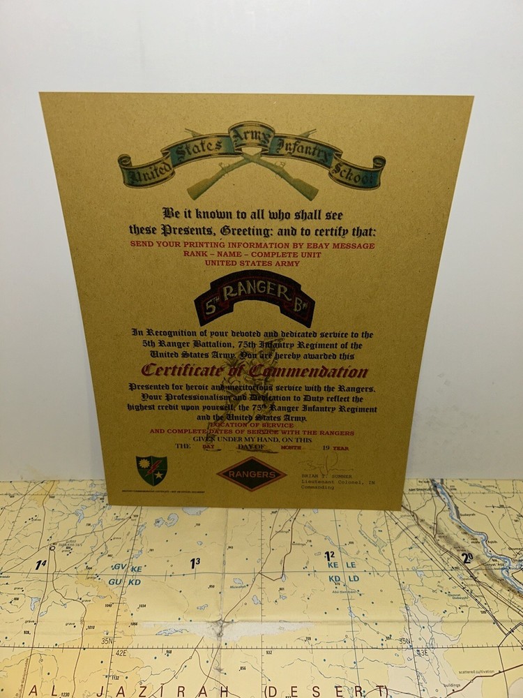 U.S. ARMY RANGER - 5TH BN / 75TH INFANTRY-REPLACEMENT COMMEMORATIVE CERTIFICATE