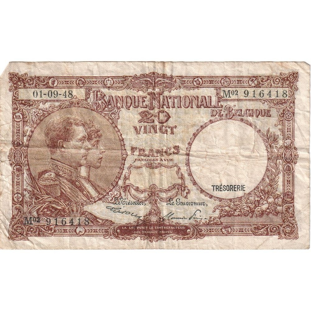 [#232852] Belgium, 20 Francs, 1945-04-20, VG(8-10)