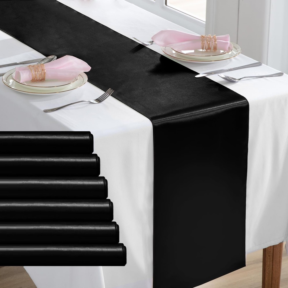 6 Pack 12x108 Black Satin Table Runner, Rectangular, Silk, Wedding, Banquet