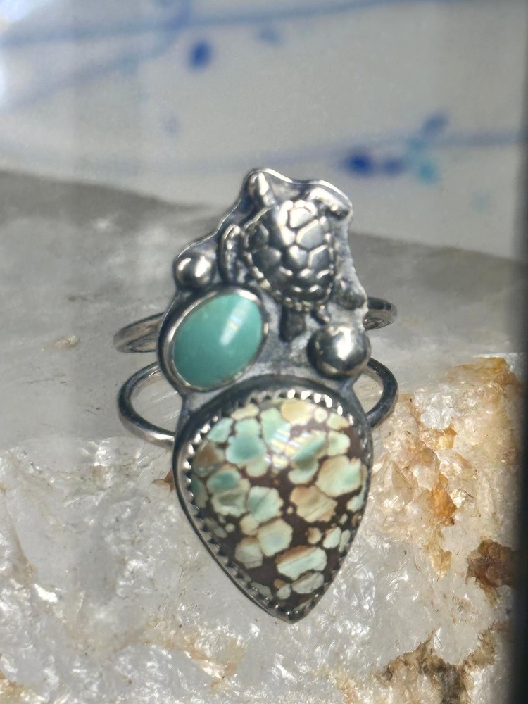 Honu Turtle ring spiderweb turquoise size 7 sterling silver women