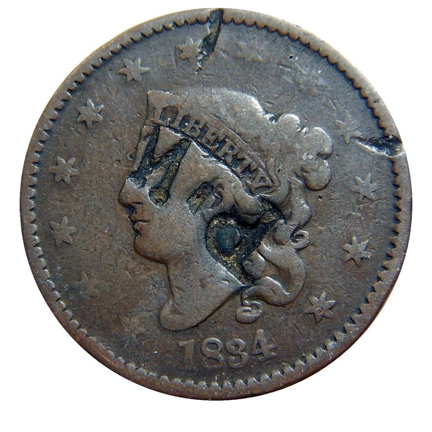 Large cent/penny 1834 counterstamp P.W