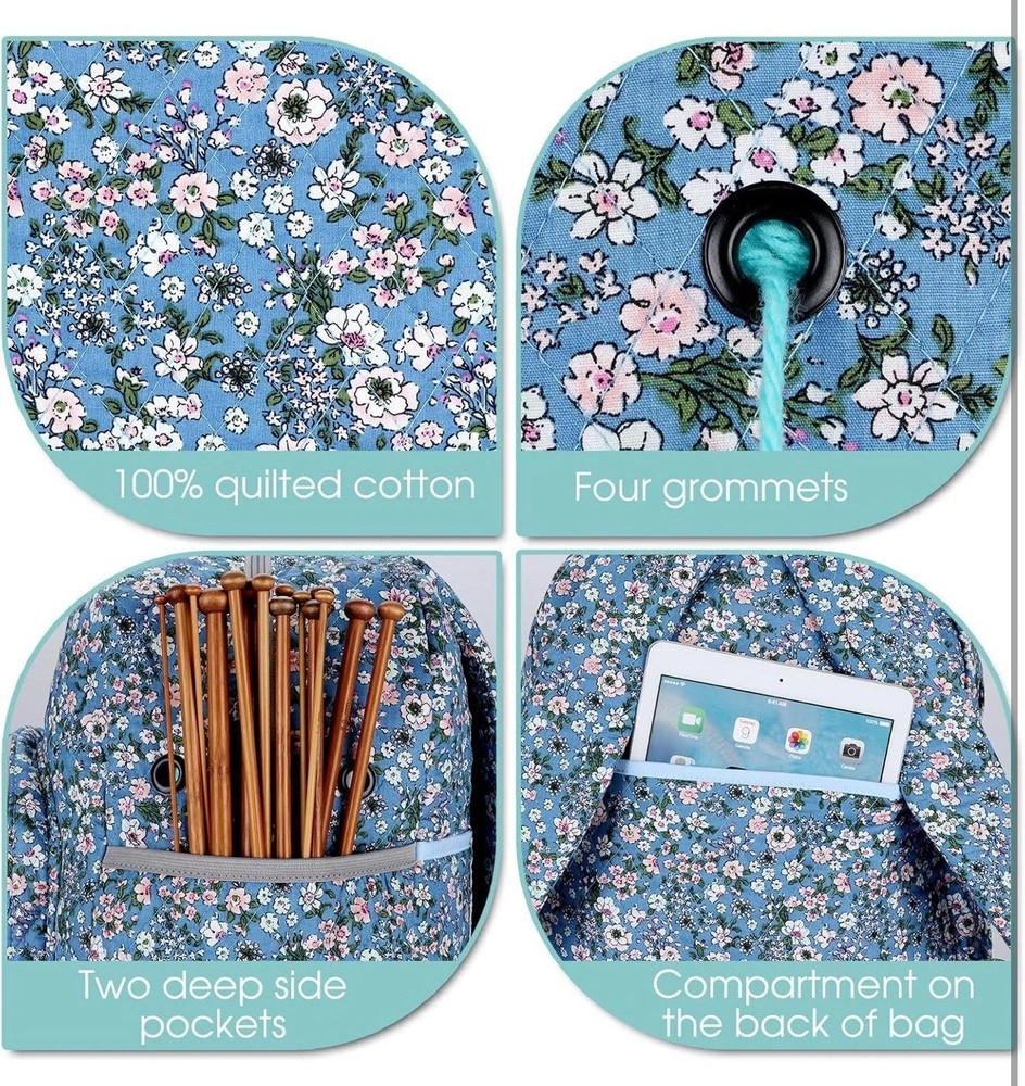 Yarn Storage Organizer Knitting Bag Backpack Flower Blue