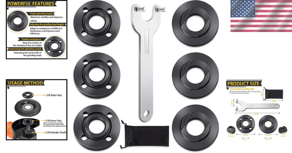 7PCS Angle Grinder Nut Flange Wrench, Black, Silver