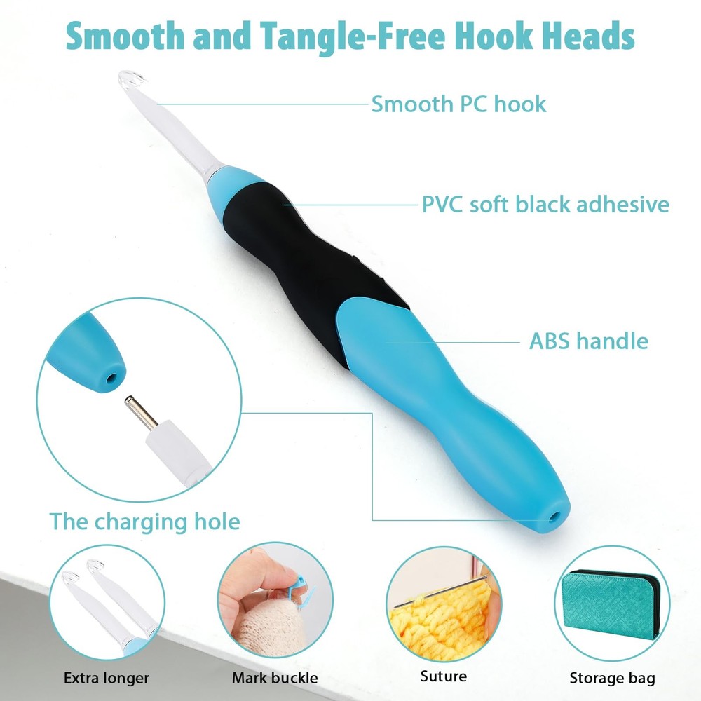 Rechargeable Lighted Crochet Hooks 11 Sizes Interchangeable Heads with Handle