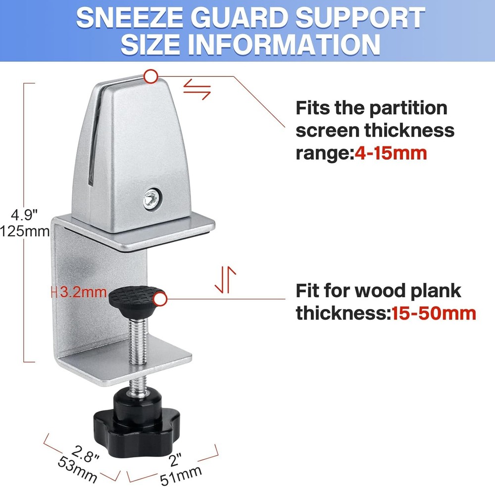 2 Pack Sneeze Guard Support Adjustable Aluminum Desk Divider Panel Clamp