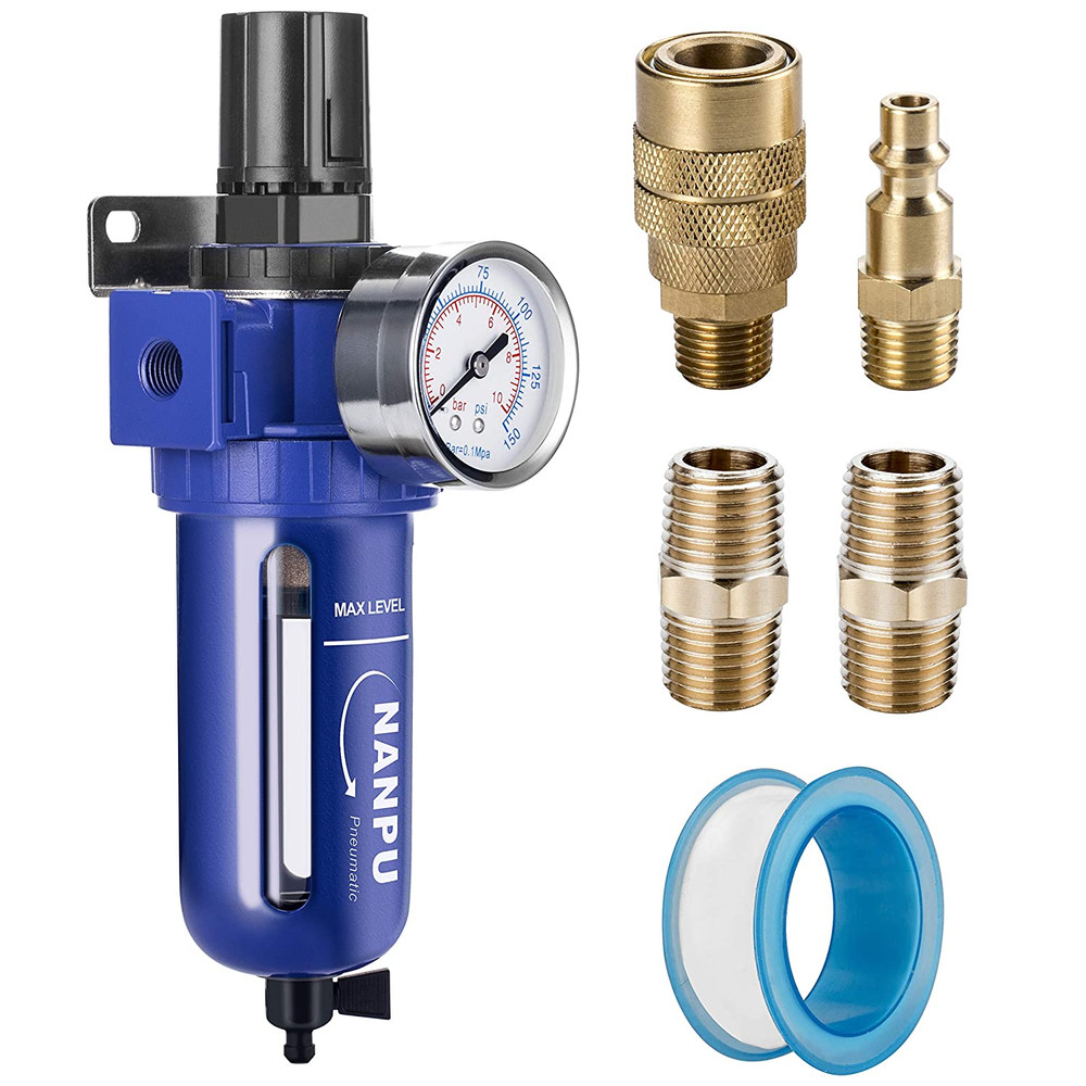 1/4" NPT Compressed Air Filter Regulator, Zinc Alloy, 5 Micron Brass Element,