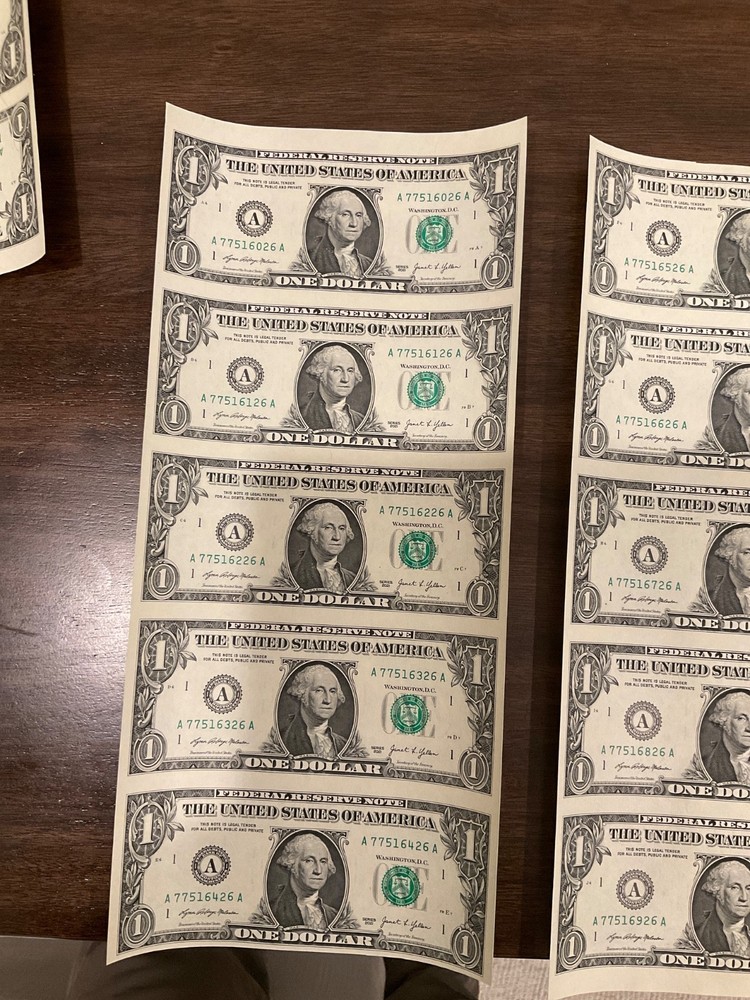 uncut 1 Dollar 5 Note Sheet 2021