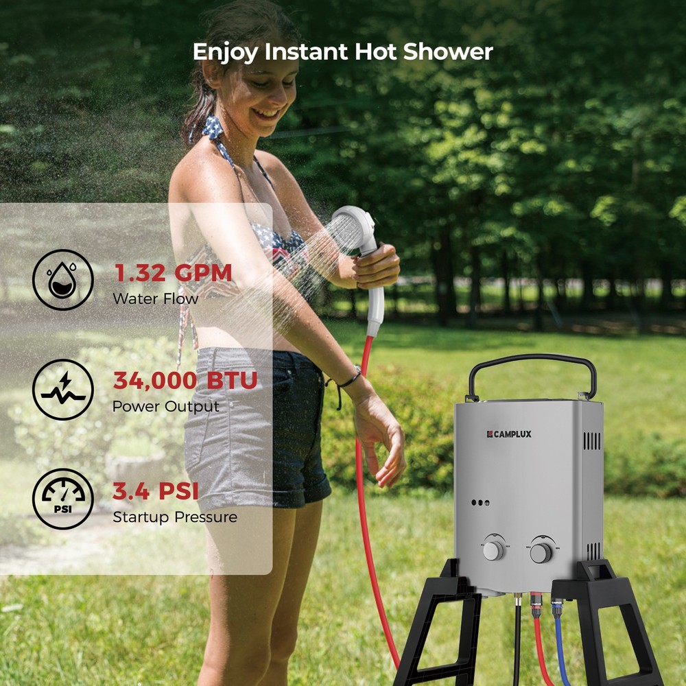Camplux 5L Portable Propane Water Heater & Carry Bag Instant Hot Shower Outdoor