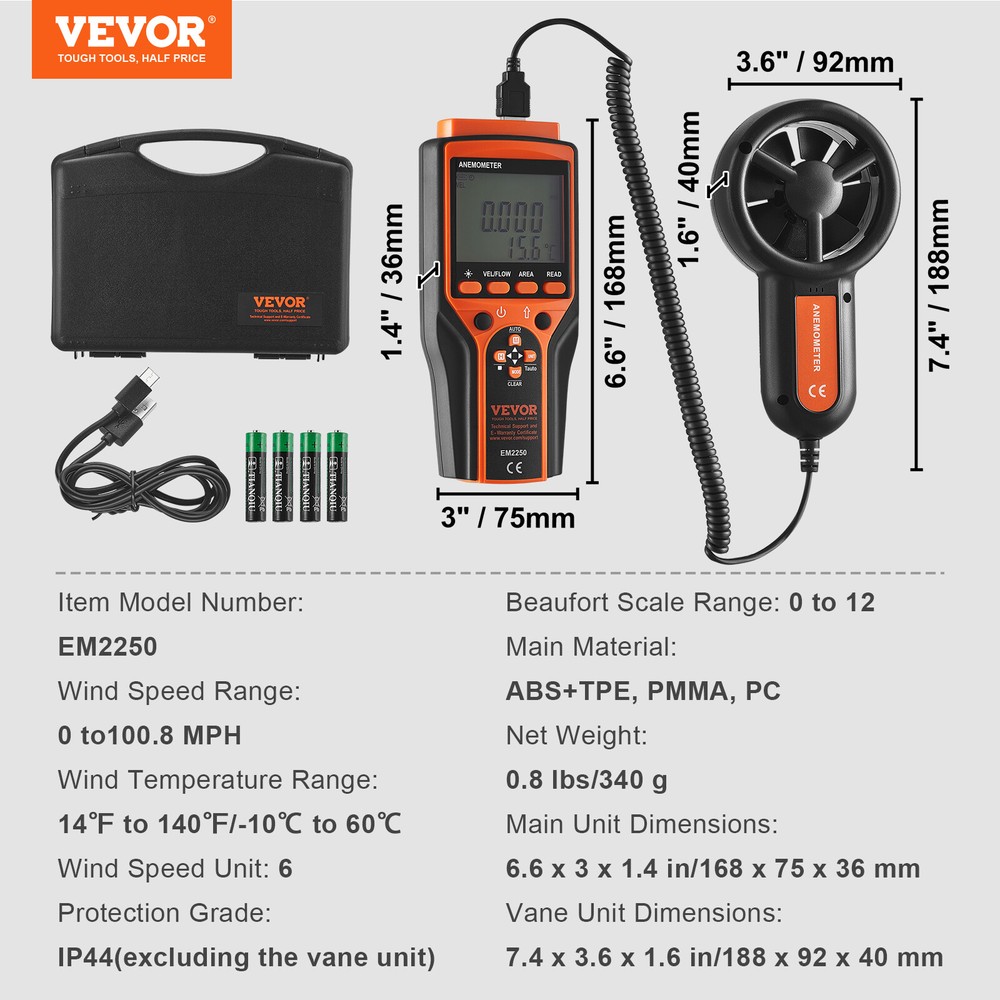 VEVOR Split Handheld Anemometer Digital Wind Speed CFM Meter Gauge 14-140℉ LED