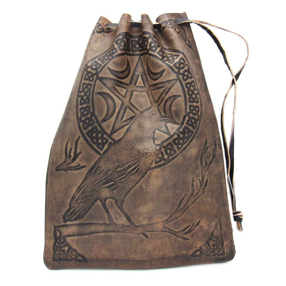 Raven and Pentagram Leather Tarot Bag 7" Embossed Drawstring Pouch