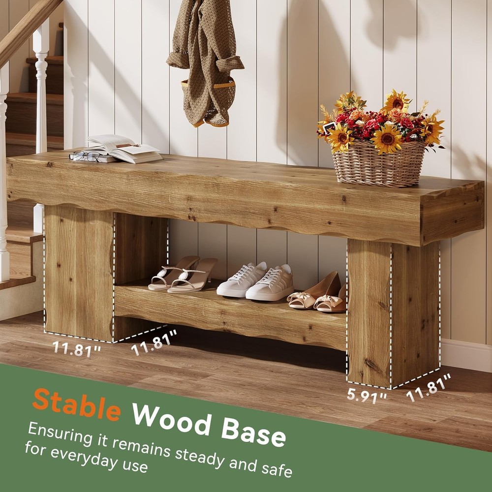63'' Solid Wood Entryway Bench 2-Tier Farmhouse Shoe Rack Bench for Hallway