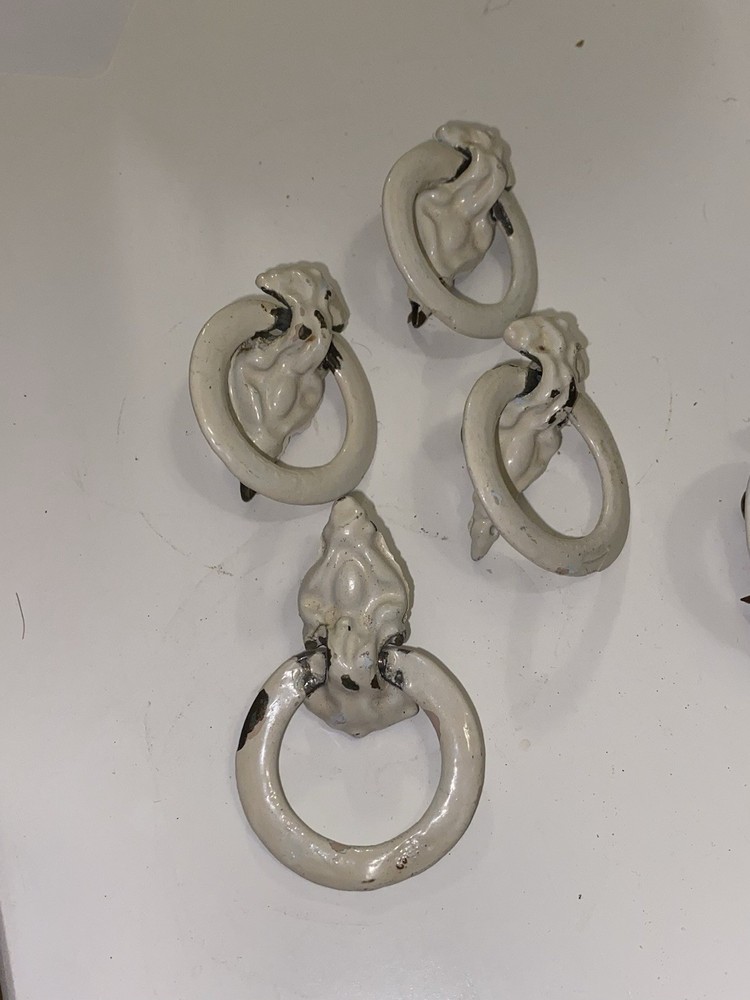 Set Of 5 Antique Ring Pulls With Ornate Backplates Painted White