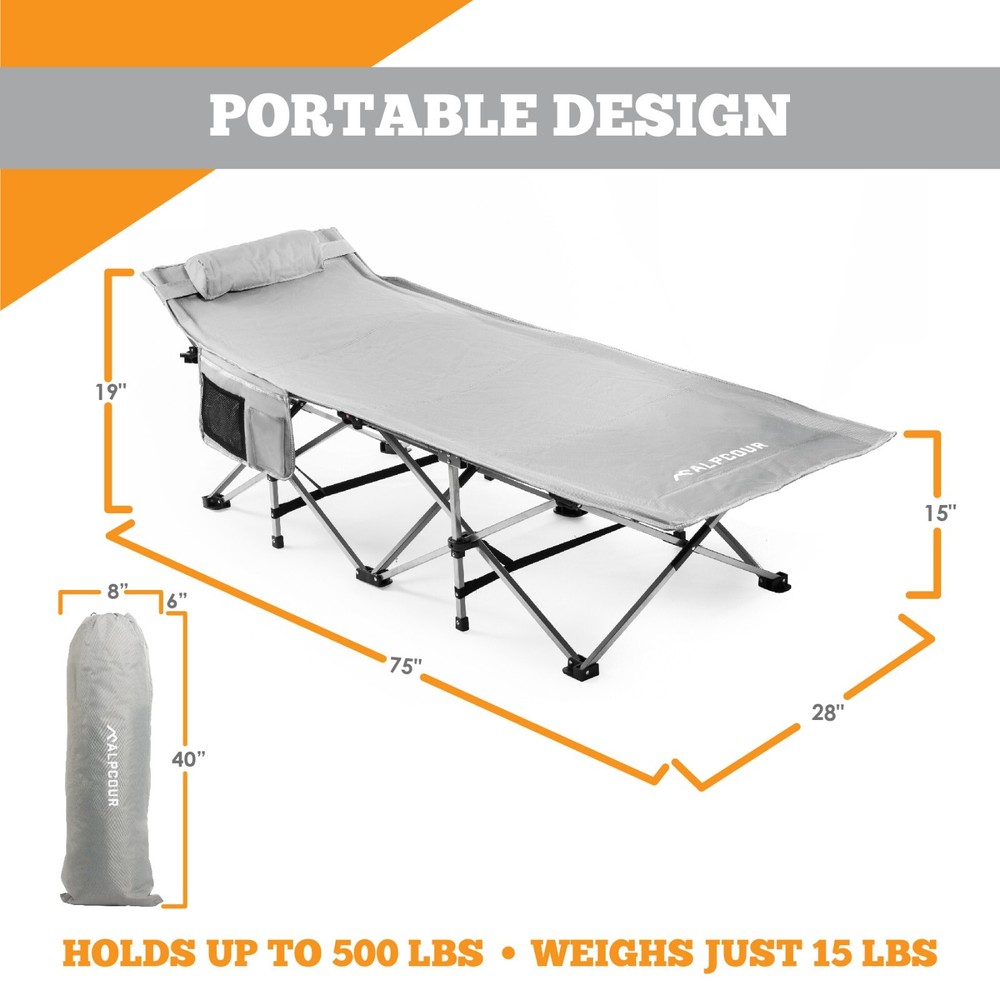 Alpcour XL Compact Folding Camping Cot - Steel Frame Bed, 500 Lbs Capacity