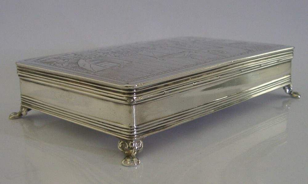 DUTCH 216g SOLID SILVER 1635 SCHOOL SCENE TABLE CIGAR BOX 1900 ANTIQUE VICTORIAN
