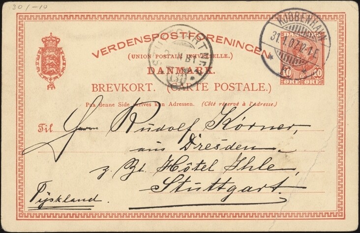 DENMARK, 1907. Post Card H&G 30, Copenhagen - Stuttgart