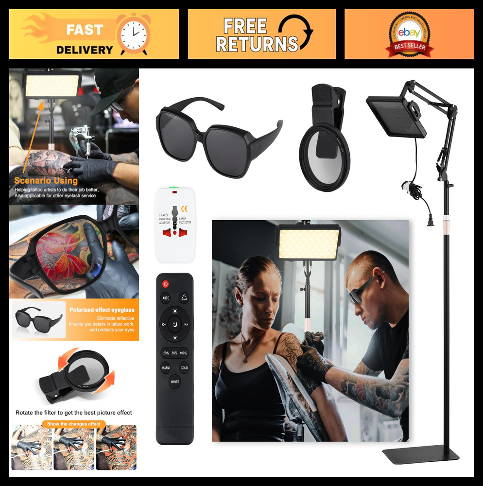 LED Tattoo Light Kit - Polarized Work Light with Vision Lenses & 360° Stand, Sha