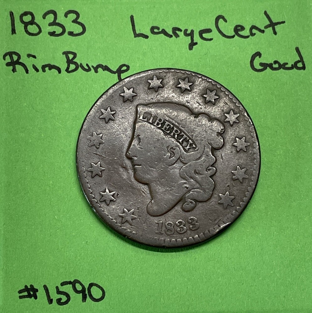1833 Large Cent 1c Good GD Rim Bump